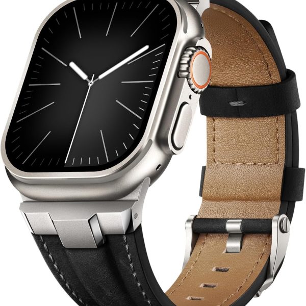 Genuine Leather Band for Apple Watch Ultra 49mm 46mm 45mm 44mm 42mm, Rugged Strap with Metal Connector, Replacement Strap for Men & Women, Compatible with iWatch Series 10/9/8/7/6/5/4/3/SE, Black