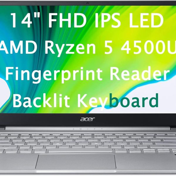 ايسر لابتوب سويفت 3 بشاشة FHD 14 انش 1080p ومعالج AMD رايزن 5 4500U سداسي النواة وذاكرة RAM 8GB وSSD 256GB وقارئ بصمات وكيبورد باضاءة خلفية وويندوز 10 هوم، SF314-42-R0HP