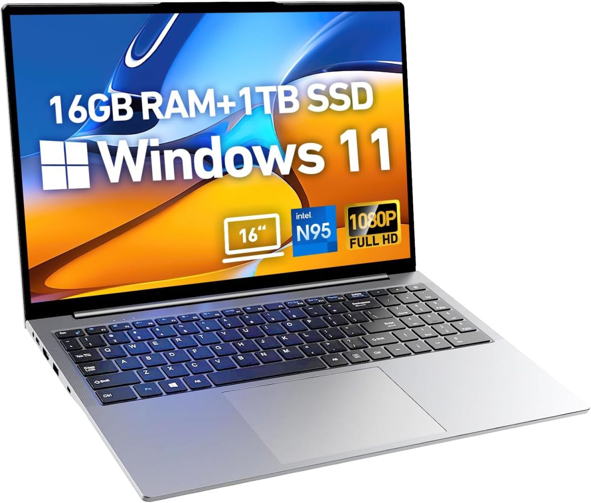 احدث لابتوب 2025 16 انش FHD ويندوز 11، 1TB SSD 16GB RAM، معالج انتل N95 الجيل 12 (بحد اقصى 3.4GHz)، بطارية 8000mAh، كيبورد باضاءة خلفية، بصمة اصبع، نوع C، USB 3.2، HDMI، WiFi5، بلوتوث، فتحة بطاقة TF