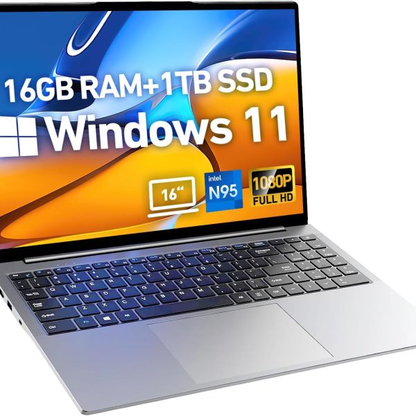 احدث لابتوب 2025 16 انش FHD ويندوز 11، 1TB SSD 16GB RAM، معالج انتل N95 الجيل 12 (بحد اقصى 3.4GHz)، بطارية 8000mAh، كيبورد باضاءة خلفية، بصمة اصبع، نوع C، USB 3.2، HDMI، WiFi5، بلوتوث، فتحة بطاقة TF