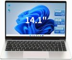 KurieTim 14.1 Inch Laptop, 8GB DDR4 RAM 256GB SSD, Laptops Computer with Quad-Core Celeron CPU J4125 (Up to 2.7GHz), 14.1" FHD IPS 1920x1080 Screen, WiFi, Webcam, USB3.0x2, Mini HDMI, Silver