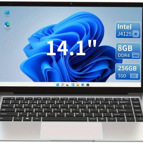 KurieTim 14.1 Inch Laptop, 8GB DDR4 RAM 256GB SSD, Laptops Computer with Quad-Core Celeron CPU J4125 (Up to 2.7GHz), 14.1" FHD IPS 1920x1080 Screen, WiFi, Webcam, USB3.0x2, Mini HDMI, Silver