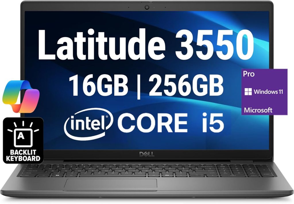 اويم جينوين لابتوب ديل لاتيتيود 3550 2024 بشاشة FHD 15.6 انش ومعالج انتل 10 كور i5-1335U (افضل من i7-1270P) و16GB DDR5 RAM وذاكرة مستديمة 256GB وواي فاي 6E وبلوتوث وكيبورد باضاءة خلفية وكاميرا ويب HD