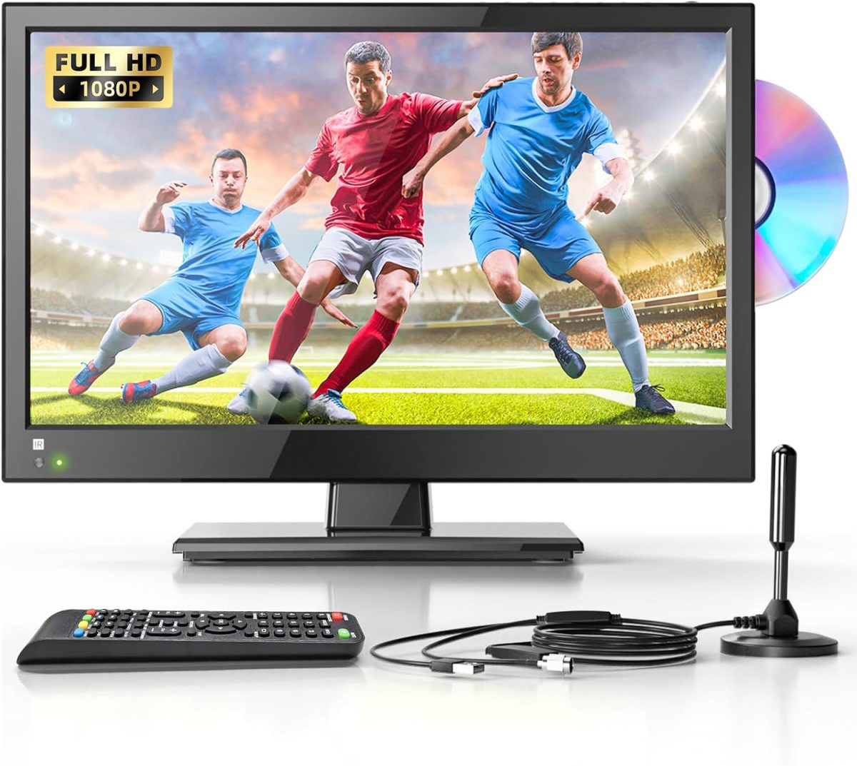 Desobry 16 Inch 1080P TV with Integrated DVD Player Support HDMI USB Antenna Small TV for Bedroom/Home/Kitchen, 12V TV for Camping Car/Camping/Caravan/Motorhome