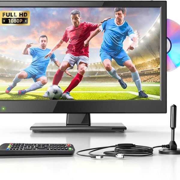 Desobry 16 Inch 1080P TV with Integrated DVD Player Support HDMI USB Antenna Small TV for Bedroom/Home/Kitchen, 12V TV for Camping Car/Camping/Caravan/Motorhome