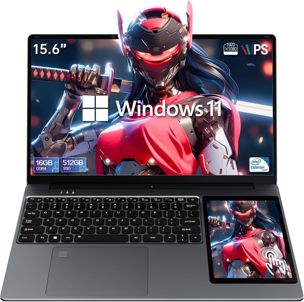 AIERXUAN 15.6" Laptop Computer, Dual Screen Laptop 15.6 Inch + 7 Inch Touchscreen, 16GB RAM 512GB SSD 12th Gen N100 Processor(Up to 3.4GHz) Windows 11, Backlit Keyboard Fingerprint