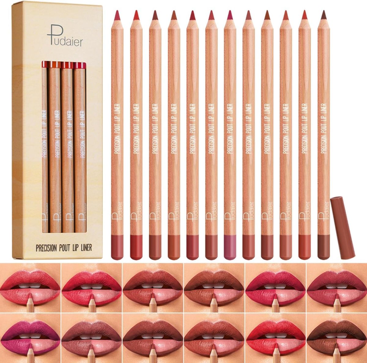 Lip Liner Set, 12Pcs Pure Natural Oak Brown Pink Red Series Lip Liners, Smooth and High Pigmented Lip Makeup Pencil (01, Lip Liner Set)