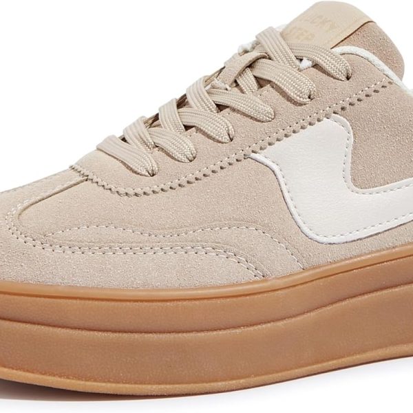 LUCKY STEP Women's Platform Fashion Sneakers Thick Sole Suede Genuine Leather Classic Rubber Gum Sole Low Top Casual Walking Shoes