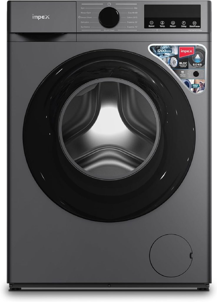 Impex 8 Kg Front Load Washing Machine | BLDC Inverter Motor | 11 Wash Programs | 5 Advanced Functions | 52L Drum Volume | LED Display | Child Safety Lock | | Low Noise | Grey | WM0800FS