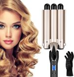 VicJoye 3 Barrel Hair Curler Waver with LCD Temp Display,Hair Waving Styling Tool,Fast Heating Triple Barrel Hair Curling Iron, Tourmaline Ceramic Curling Wand Roller for Long Short Hair,Luxury Gold