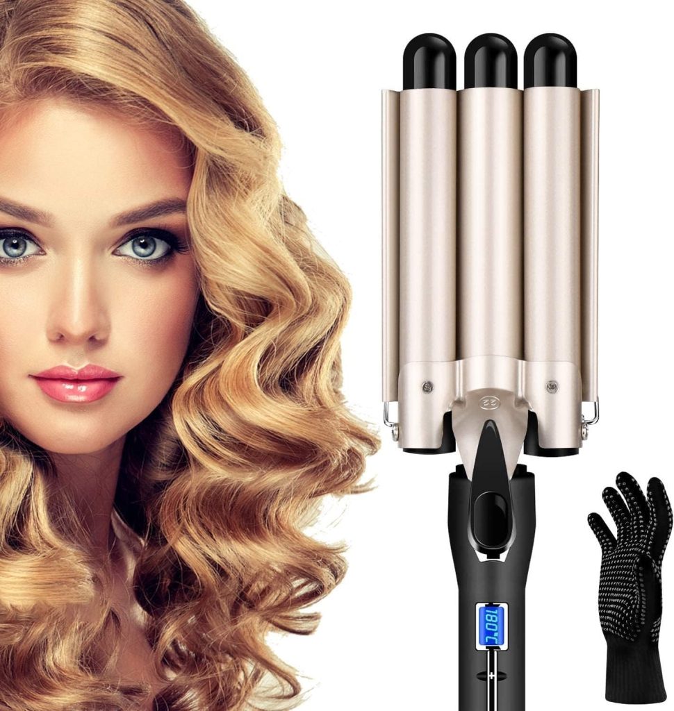 VicJoye 3 Barrel Hair Curler Waver with LCD Temp Display,Hair Waving Styling Tool,Fast Heating Triple Barrel Hair Curling Iron, Tourmaline Ceramic Curling Wand Roller for Long Short Hair,Luxury Gold