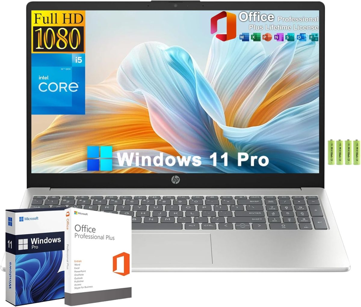 لابتوب 15.6 بوصة FHD للطلاب والأعمال، معالج انتل كور i5-1235U الجيل 12 (4.4GHz)، 16GB رام 512GB PCIe SSD، كيبورد رقمية، مايكروسوفت اوفيس، ويندوز 11 برو، واي فاي 6، بلوتوث 5.3، HDMI، ببطارية من اتش بي