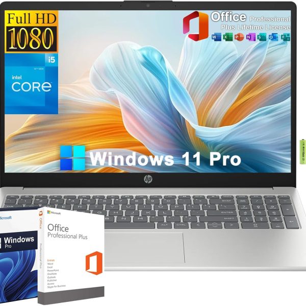 لابتوب 15.6 بوصة FHD للطلاب والأعمال، معالج انتل كور i5-1235U الجيل 12 (4.4GHz)، 16GB رام 512GB PCIe SSD، كيبورد رقمية، مايكروسوفت اوفيس، ويندوز 11 برو، واي فاي 6، بلوتوث 5.3، HDMI، ببطارية من اتش بي