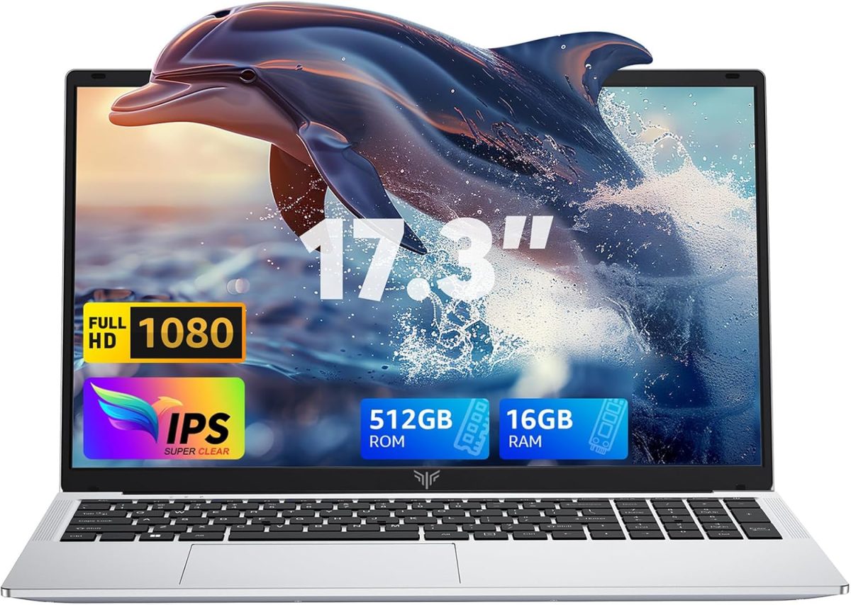 MALLRACE 2025 Laptop,17.3-Inch FHD Display Laptop with Quad Core-12th Alder Lake N97(Up to 3.6GHz), 16GB RAM 512GB ROM Traditional Laptop Computer, 6000Mah Battery,Silver