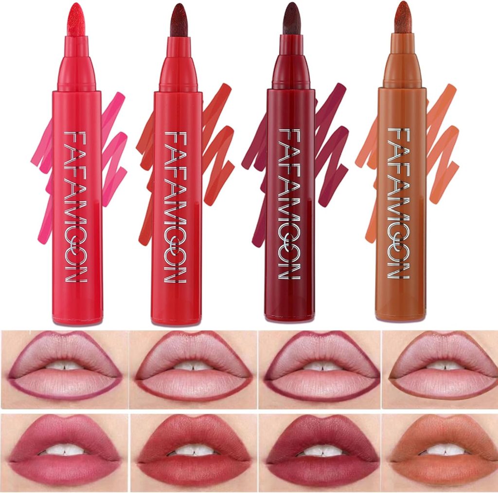 Bekoeen 4Pcs Liquid Lipstick & Pen Lipliner,Matte Non Staining Lip Stain Tint,Non Fading Lip Liner,Vivid Color Long Lasting Makeup Lip Stains,Easy Glide,Gift for Women