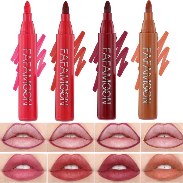 Bekoeen 4Pcs Liquid Lipstick & Pen Lipliner,Matte Non Staining Lip Stain Tint,Non Fading Lip Liner,Vivid Color Long Lasting Makeup Lip Stains,Easy Glide,Gift for Women