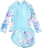 Girls Swimming Costume Padded Bras Long Sleeve Kid Swimsuit Two Pieces Swimming Suit Girl Swimwear with Swim Short 8-12 Years