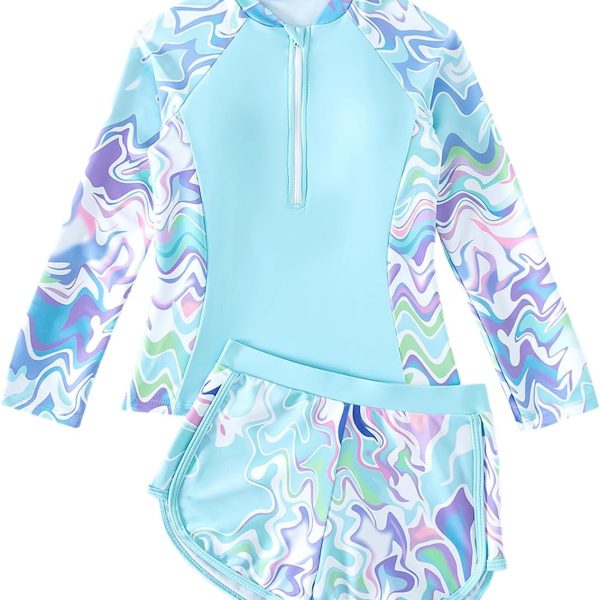 Girls Swimming Costume Padded Bras Long Sleeve Kid Swimsuit Two Pieces Swimming Suit Girl Swimwear with Swim Short 8-12 Years