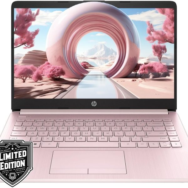 HP لابتوب HD 14 انش | اصدار محدود العودة الى المدرسة مع مايكروسوفت 365 لمدة عام | معالج انتل رباعي النواة | ذاكرة RAM 8GB | تخزين 576GB | عمر بطارية طويل | زهري | مع حزمة WOWPC | ويندوز 11