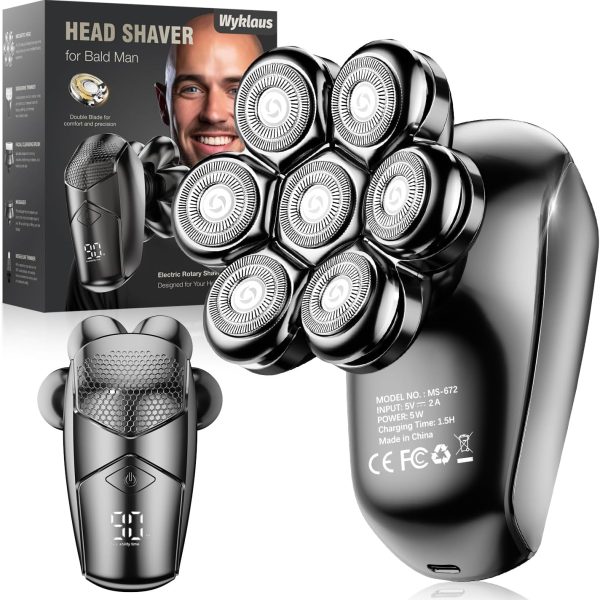 Wyklaus Head Shavers for Bald Men, Detachable Head Shavers 5-in-1 Electric Razor IPX7 Waterproof Dry Wet Shaving for Men,7D Rotary Shaver Grooming Kit with LED Display, USB Rechargeable