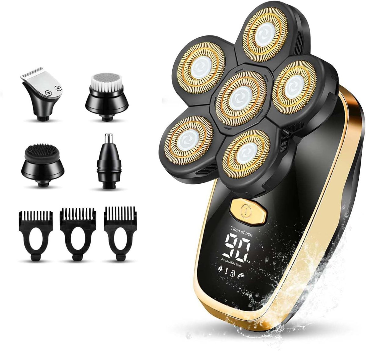 Azonee Head Shavers for Bald Men, Rotary Electric Razor Cordless Shaver, Multifunctional 6 Rotary Blade Heads Electric Razor, 5-in-1 Grooming Kit with Clipper Trimmer, PX7 Waterproof, LED Display