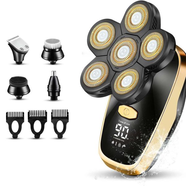 Azonee Head Shavers for Bald Men, Rotary Electric Razor Cordless Shaver, Multifunctional 6 Rotary Blade Heads Electric Razor, 5-in-1 Grooming Kit with Clipper Trimmer, PX7 Waterproof, LED Display