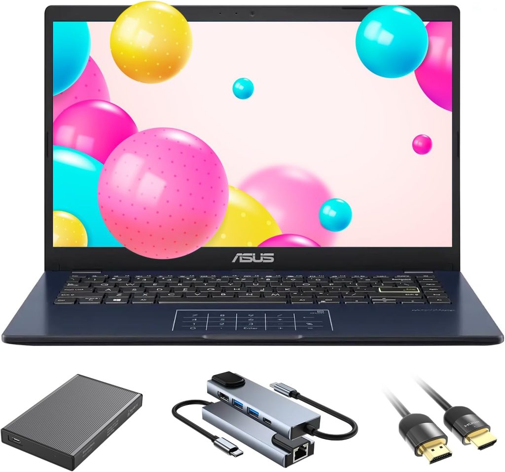 ASUS 14" FHD Laptop, 4-Core Intel Pentium N6000 Processor, 4GB RAM, 64GB eMMC + 256GB SSD, Intel UHD Graphics, Numeric Keypad, HDMI, Webcam, Win 11 Pro, w/Portable External Hard Drive