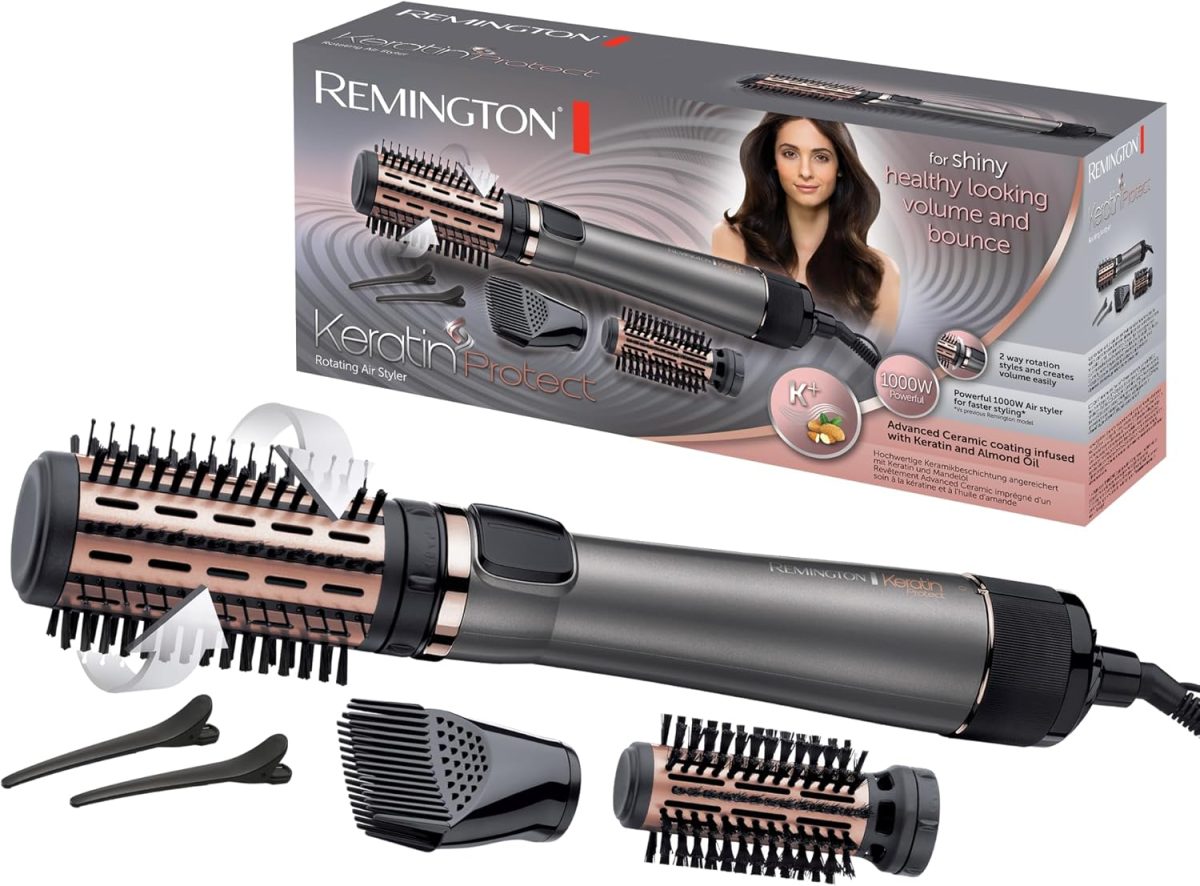 Remington Rotating Fan Brush [Keratin and Almond Oil Care] Keratin Protect (1000 W, Ceramic, Variable Temperature, 3 Accessories: 2 Round Brushes 40 and 50 mm, Volume Comb) AS8811