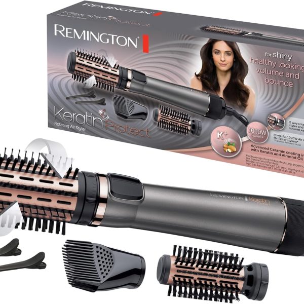 Remington Rotating Fan Brush [Keratin and Almond Oil Care] Keratin Protect (1000 W, Ceramic, Variable Temperature, 3 Accessories: 2 Round Brushes 40 and 50 mm, Volume Comb) AS8811