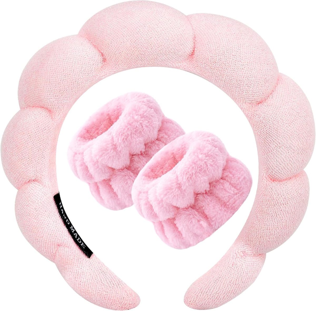 Zkptops Spa Headband for Washing Face Wristband Sponge Makeup Skincare Headband Terry Cloth Bubble Soft Get Ready Hairband for Women Girl Puffy Padded Headwear Non Slip Thick Hair Accessory(Pink)