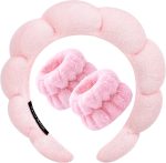Zkptops Spa Headband for Washing Face Wristband Sponge Makeup Skincare Headband Terry Cloth Bubble Soft Get Ready Hairband for Women Girl Puffy Padded Headwear Non Slip Thick Hair Accessory(Pink)