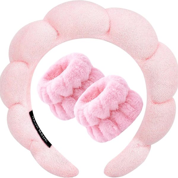 Zkptops Spa Headband for Washing Face Wristband Sponge Makeup Skincare Headband Terry Cloth Bubble Soft Get Ready Hairband for Women Girl Puffy Padded Headwear Non Slip Thick Hair Accessory(Pink)