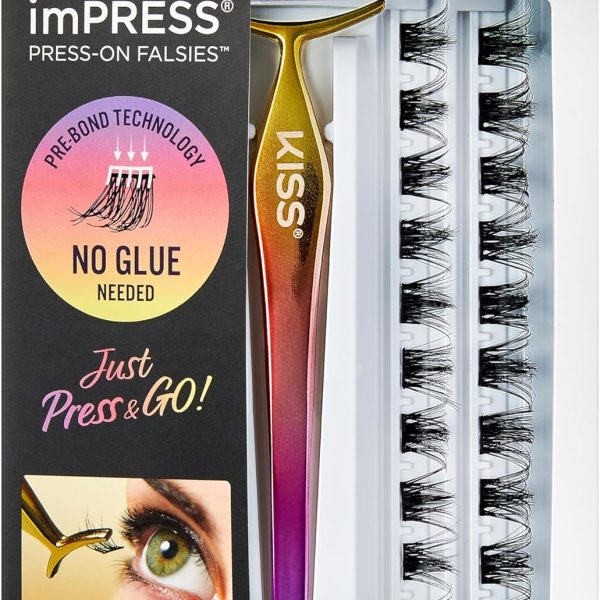 imPRESS KISS Falsies False Eyelashes, Lash Clusters, Spiky', 16 mm, Includes 20 Clusters, 1 applicator, Contact Lens Friendly, Easy to Apply, Reusable Strip Lashes