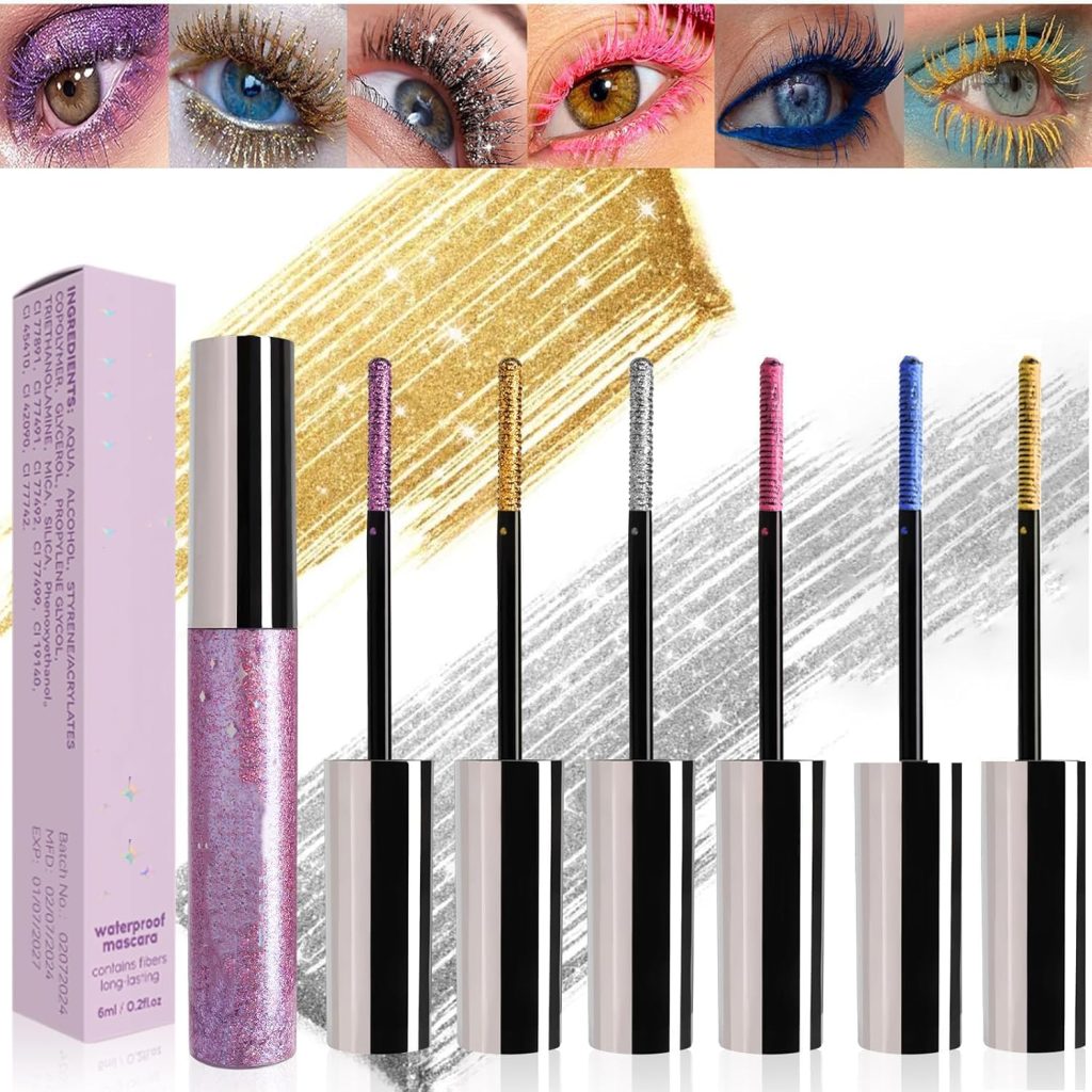 6 Colors Colorful Mascara for Eyelashes Set, Pearly Glitter Waterproof No Smudge Colored Mascara, Charming Voluminous Mascara, Halloween Christmas Eyes Makeup