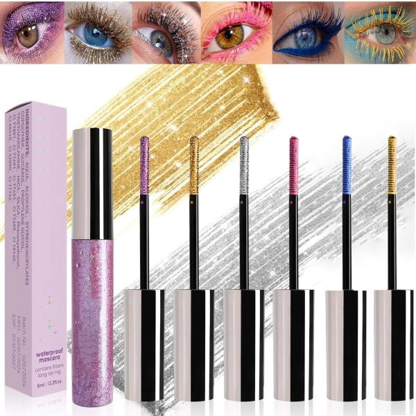 6 Colors Colorful Mascara for Eyelashes Set, Pearly Glitter Waterproof No Smudge Colored Mascara, Charming Voluminous Mascara, Halloween Christmas Eyes Makeup