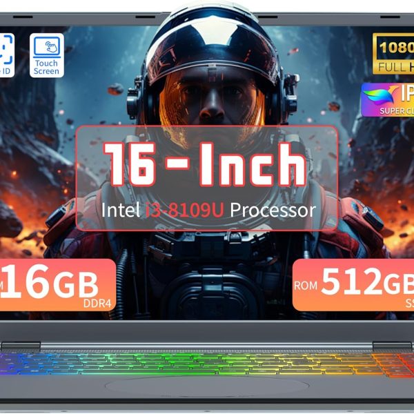 لابتوب اوك بوك بشاشة لمس 16 انش، i3-8109U، ذاكرة RAM 16GB، SSD 512GB، كيبورد باضاءة خلفية RGB، التعرف على الوجه، فتح واغلاق 180 درجة، ويندوز 11 (16GB RAM | 512GB SSD)