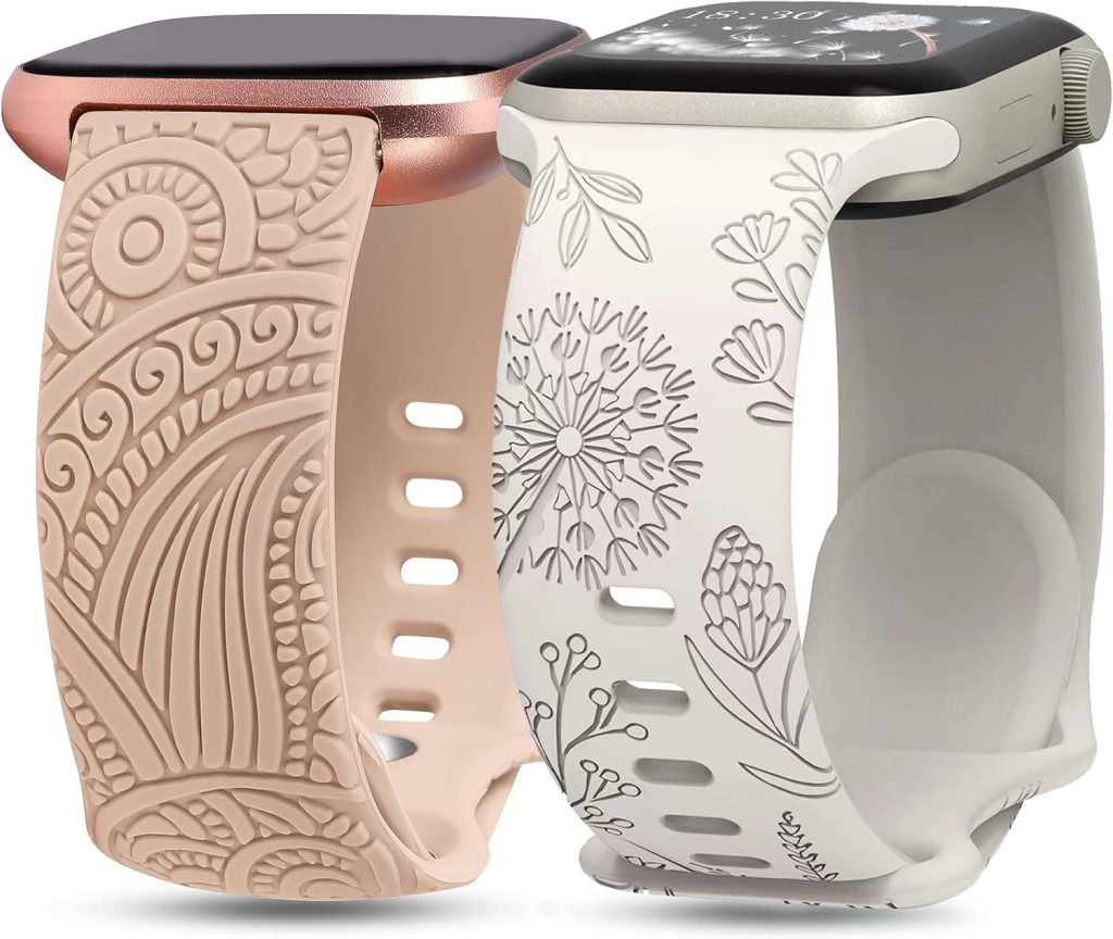 Axtcool 2 Pack Floral Engraved Strap Compatible with Apple Watch Bands 38mm 40mm 41mm for Women, Soft Silicone Cute Wildflowers Sport Replacement Bands for iWatch Series 9 Ultra SE 8 6 5 4 3 2 1