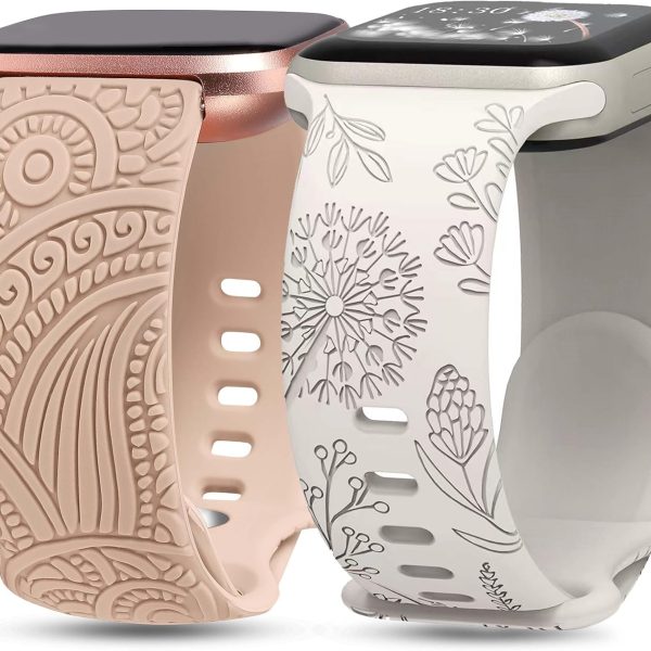 Axtcool 2 Pack Floral Engraved Strap Compatible with Apple Watch Bands 38mm 40mm 41mm for Women, Soft Silicone Cute Wildflowers Sport Replacement Bands for iWatch Series 9 Ultra SE 8 6 5 4 3 2 1