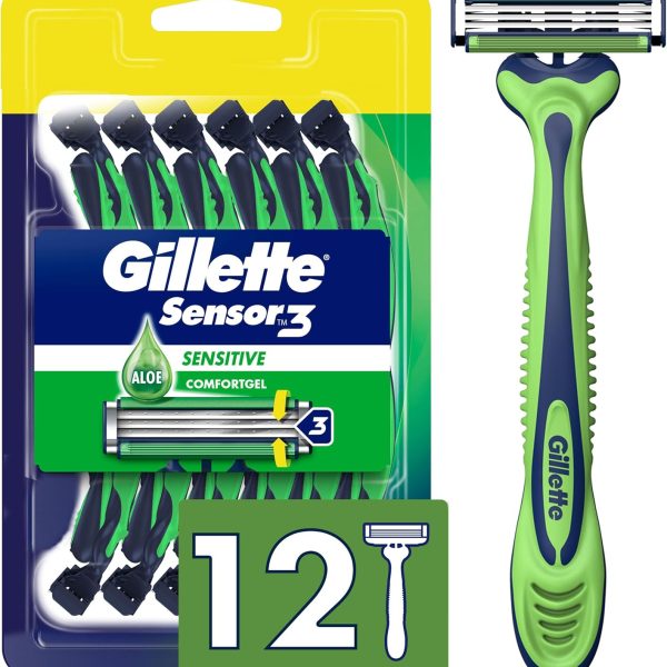 Gillette Sensor3 Sensitive Men's Disposable Razor, 12 Razors