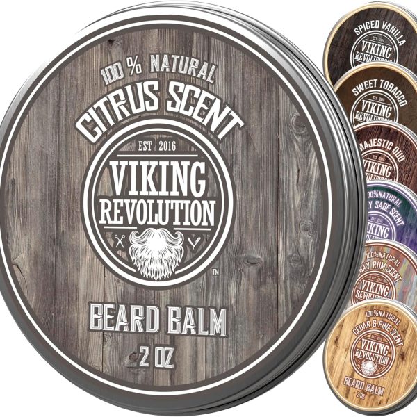 Viking Revolution Beard Balm - All Natural Grooming Treatment with Argan Oil & Mango Butter - Strengthens & Softens Beards & Mustaches - Citrus Scent Leave in Conditioner Wax for Men - 1 Pack