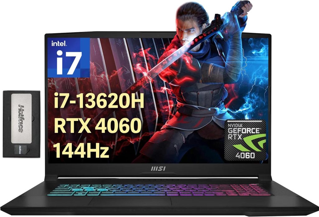 MSI لابتوب العاب كاتانا 17 17.3 انش 144Hz FHD، انتل I7-13620H، 64GB DDR5، 4TB SSD، جيفورس RTX 4060، كيبورد باضاءة خلفية، كولر بوست 5، كاميرا ويب، واي فاي 6، ويندوز 11 برو، اسود، مجموعة قاعدة شحن 256GB
