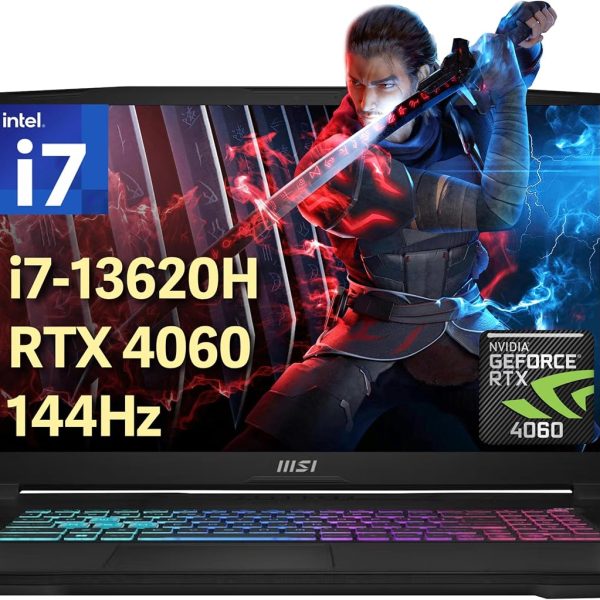MSI لابتوب العاب كاتانا 17 17.3 انش 144Hz FHD، انتل I7-13620H، 64GB DDR5، 4TB SSD، جيفورس RTX 4060، كيبورد باضاءة خلفية، كولر بوست 5، كاميرا ويب، واي فاي 6، ويندوز 11 برو، اسود، مجموعة قاعدة شحن 256GB