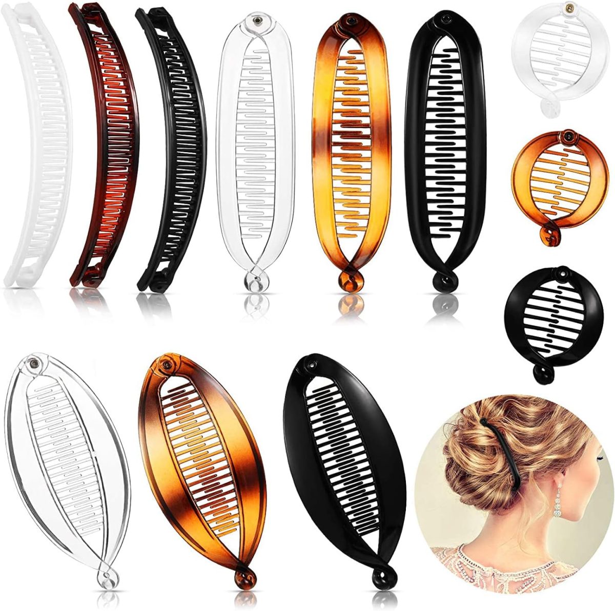 ELECDON 12 Pieces Banana Hair Clips Classic Clincher Combs Large Double Comb Fishtail Hair Clip Banana Ponytail Holder Clip, Banana Hair Comb Clips for Women, 4 Styles