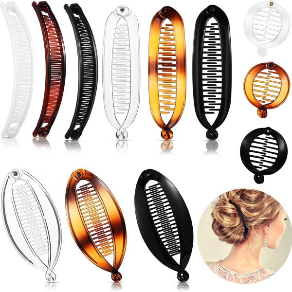 ELECDON 12 Pieces Banana Hair Clips Classic Clincher Combs Large Double Comb Fishtail Hair Clip Banana Ponytail Holder Clip, Banana Hair Comb Clips for Women, 4 Styles