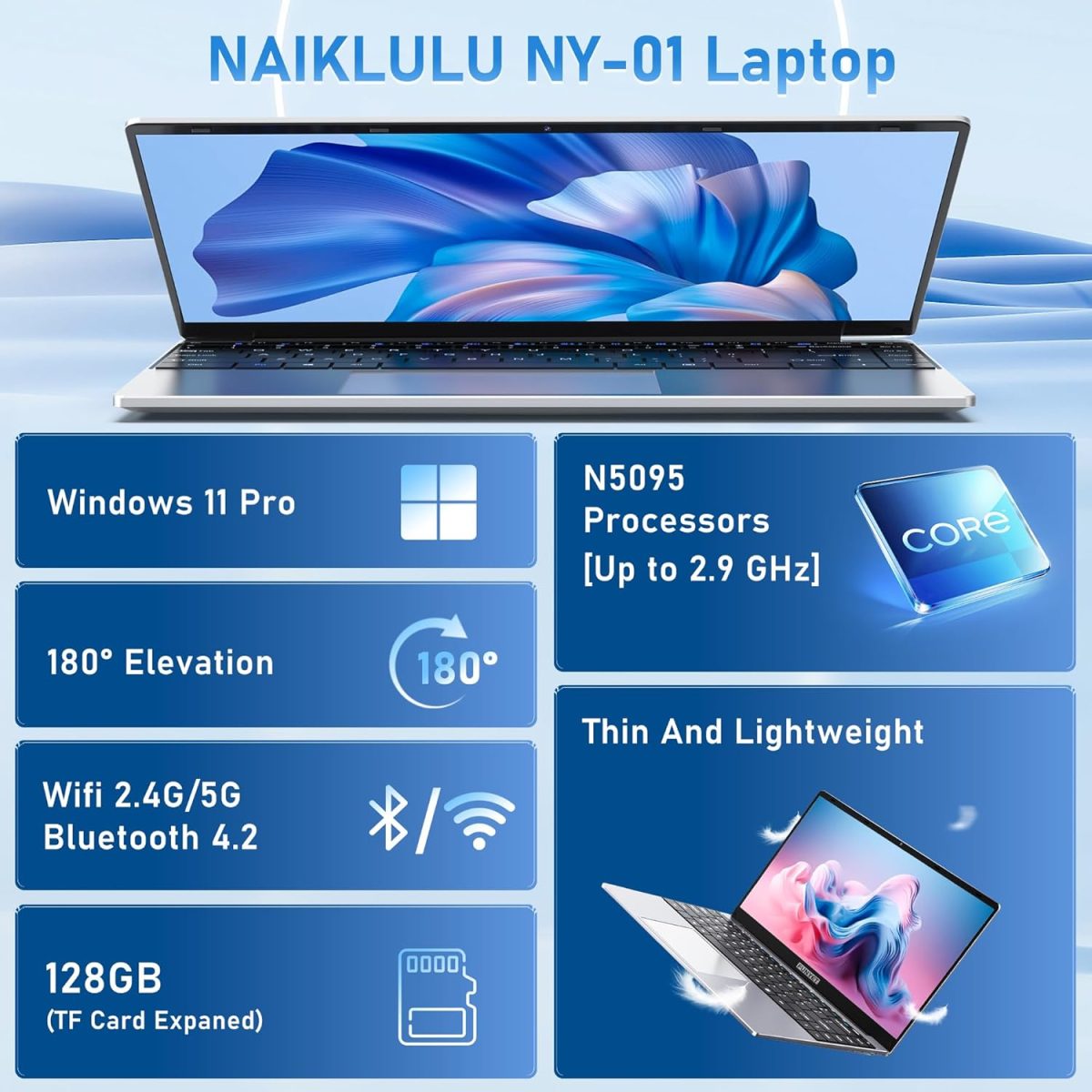 لابتوب 14 انش من نايكلولو، ذاكرة RAM 8GB وSSD 256GB، معالج N5095 4C/4T (حتى 2.9Ghz)، رسومات UHD، شاشة 14 انش FHD 1920×1080، واي فاي 5، بلوتوث 4.2