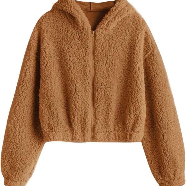 HOT BODY Flannel Jacket Fashion Women Solid Zipper Pullover Autumn Long Sleeve Plush Sweatershirt Hoodie Ladies Tops Female Sweatshirt Hoodies Hooded (Color : Brown, Size : L)
