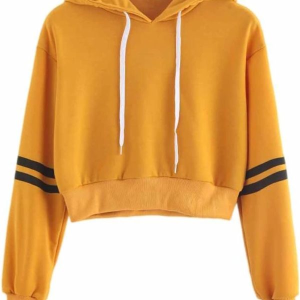 TOEE Women Sweatshirts Women's Fashion Sweatshirt Women Varsity-Striped Drawstring Crop Hoodie Sweatshirt Jumper Crop Pullover Tops (Color : Yellow, Size : Medium)