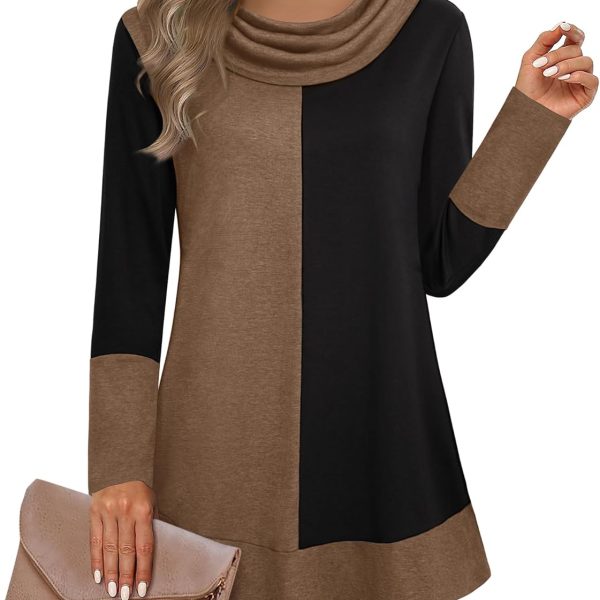 Youtalia Women's Hoodie Sweatshirt Long Sleeve Cowl Neck Pullover Color Block Thin Tunic Top