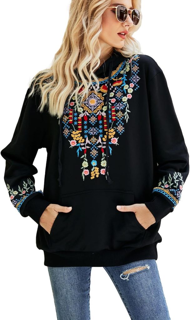 drakloak Womens Hoodie with Embroidery Bohemian Long Sleeve Basic Hoodie