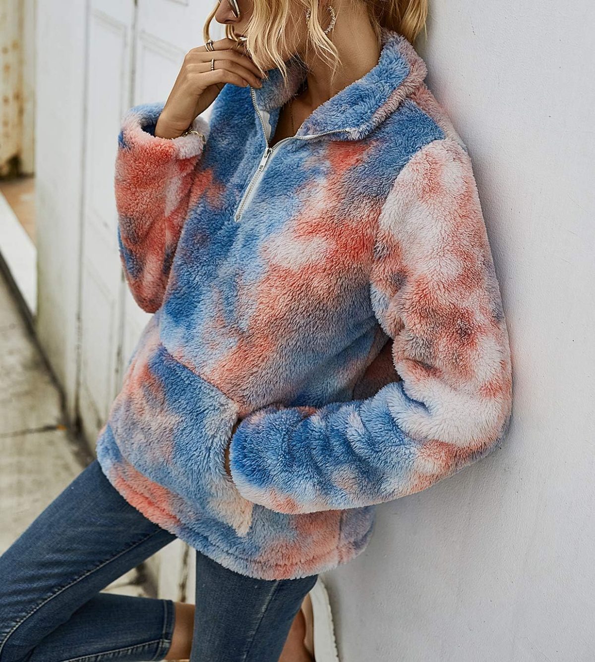 ⁦BTFBM Women Sherpa Pullover Quarter Zip Long Sleeve Fluffy Soft Fleece Jackets Sweaters Sweatshirts Hoodies Outwear Coat⁩ - الصورة ⁦3⁩
